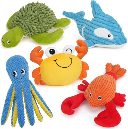 Prime Pets Plüschtier Ozean-Tier-Hundespielzeug-Set, quietschendes Spielzeug mit Knistergeräuschen, interaktives Sortiment, Haustierspielzeug für kleine, mittelgroße und große Hunde, gefülltes
