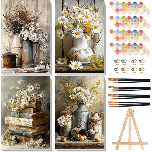 4 Pack Flower Paint by Numbers for Adults with Framed Canvas & Wooden Easel | Flowers Painting by Number Kit Adult on Canvas, Daisy Rustic Acrylic Oil Painting with Brush for Home Wall Decor 8x12 inch