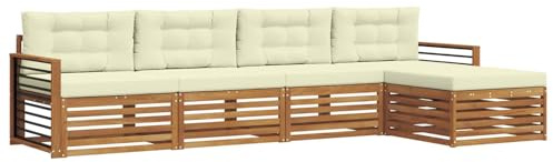 vidaXL Outdoor-Sofagarnitur mit Kissen 5 pcs Natur und Creme, Gartenlounge, Moderne Outdoor-Sofa, gemütliche Sitzgruppe, langlebige Terrasse für entspannte Stunden