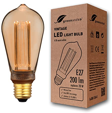 greenandco Vintage Design LED Birne zur Stimmungsbeleuchtung | E27 ST64 | gold | 4W 200lm | 1800K extra warmweiß | 320° | 230V | flimmerfrei | nicht dimmbar | Edison Glühbirne