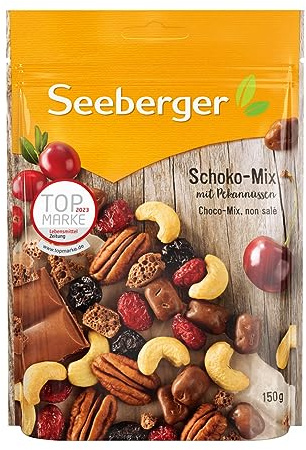 Seeberger Schoko-Mix 5er Pack, Einzigartige Schokoladen-Mischung mit Pekannüssen, Cashews, Cranberries und Kirschen - knackig & lecker - vegan (5 x 150 g)
