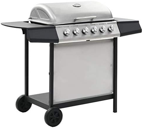 Festnight BBQ Griglia a Gas con 6 Fuochi in Acciaio Inox con 2 Ruote,Barbecue Griglia a Gas da Giardino Esterno e Cucina in Acciaio Nero/Argento con 6 Fornelli