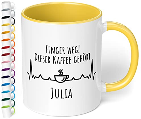 Lustige Tasse Finger weg Dieser Kaffee gehört Wunschname - personalisierte Kaffeetasse - Büro - tolles Geschenk zu Weihnachten, Geburtstag, für Kollegen - innen hellgelb