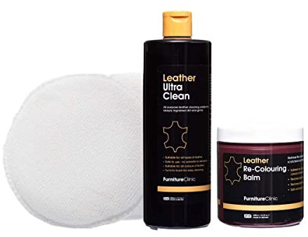 Furniture Clinic Kit de Restauration du Cuir, Comprend Un baume recolorant, Un Produit nettoyant, Une éponge et Un Chiffon, pour Meubles, sièges de Voiture, Chaussures et Sacs, Crème