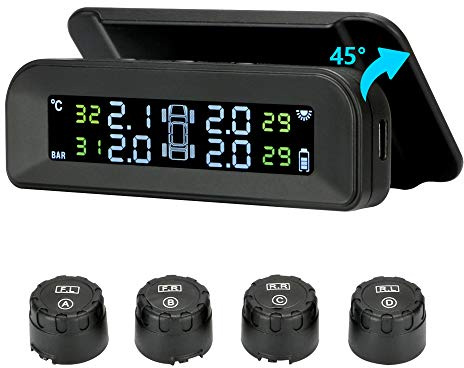 Tire Pressure Monitoring System Wireless Solar TPMS, Tire Pressure Monitor Installed on Windowshield with 4 External Sensors Real-time Display Temperature Pressure 22-87 PSI for Car RV SUV MPV Sedan