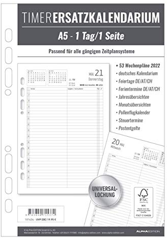 Timer Ersatzkalendarium A5 2022 - Bürokalender - Buchkalender A5 (15x21 cm) - Universallochung - 1 Tag 1 Seite - 352 Seiten - Alpha Edition: ... A5 - Universallochung - 1 Tag 1 Seite
