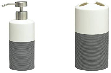 Sealskin Seifenspender Doppio, Porzellan, Farbe: Grau, handbemalt & Zahnbürstenhalter Doppio, Zahnputzbecher aus natürlichem Porzellan, Farbe: Grau, handbemalt