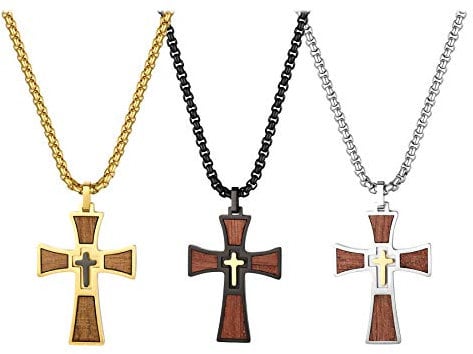 JewelryWe 3PCS Classic Cross Necklace Double Layer Wooden Cross Pendant Stainless Steel Necklace for Men