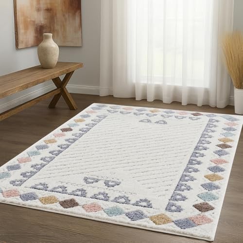 payé Teppich Wohnzimmer Hochflor - 160x230cm - Ethno - Cream Multi - Modern Raute Meliert Muster Skandinavisch Flauschig Kinderzimmer Schlafzimmer Dekoration