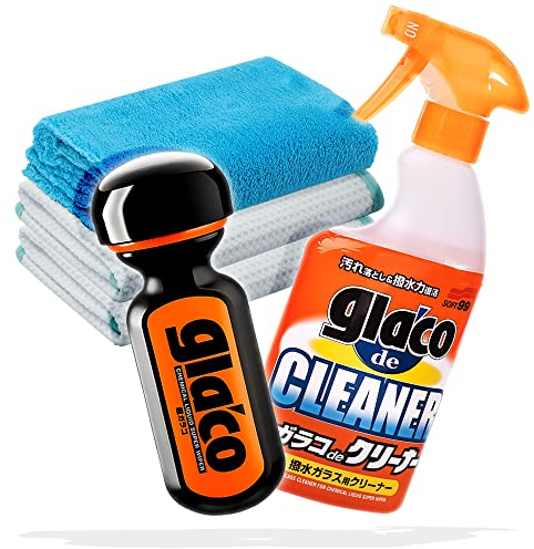 detailmate Autoscheiben Reinigung & Versiegelung Bundle: Soft99 Glaco de Cleaner Glasreiniger 400ml + Soft99 Ultra Glaco Glasversiegelung 70ml + 2X Waffeltuch Poliertuch