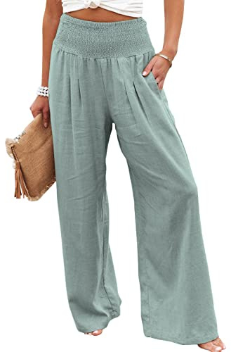 Loalirando Women Cotton Linen Pants Casual Loose Solid Color Beach Pants Elastic High Waist Wide Leg Palazzo Yoga Lounge Trousers with Pockets Light Green