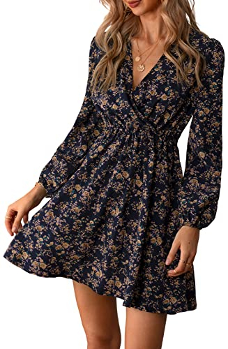Cupshe Robe trapèze portefeuille, à col en V, surplis et manches longues, décontractée et courte, motif floral, pour femmes, Multicolore, L