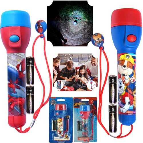 Lot de 2 grandes torches LED Spiderman pour cadeaux de Noël et d'anniversaire – Lampe de poche LED en plastique Paw Patrol pour enfants de 3 ans et plus, taille 16 cm