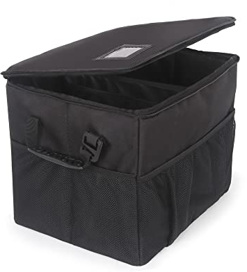 Auto Kofferraum Organizer - Multi Fach faltbare Aufbewahrungsbox mit reflektierendem Warnzeichen mit Deckel, schwarz, 39cm*30cm*30cm.