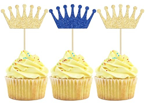 Gyufise 24 Stück Krone Cupcake Topper Glitzer Königin Krone Cupcake Picks für Königin Prinzessin Thema Babyparty Mädchen Hochzeit Geburtstag Party Kuchen Dekorationen Zubehör Gold Blau