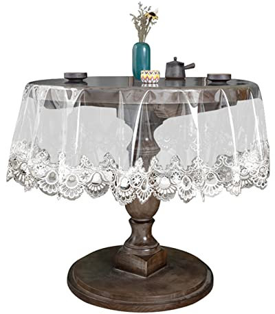 Klare Kunststoff Rund Tischdecke Wasserdichtes Vinyl PVC Tischdecke Bestickte Spitze Rand Transparente Tischabdeckung für die Küche im Freien und im Inneren verwendet-Rund 110 cm, Blumen2