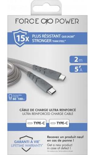 Câble Ultra-renforcé USB C/USB C 2m 5A Garanti à vie Gris - 100% Plastique recyclé Force Power