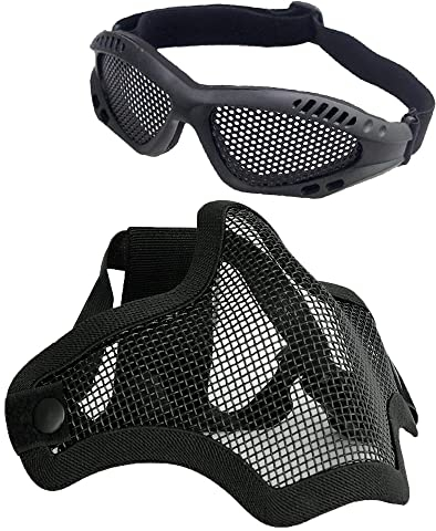 Taktische Airsoft-Maske und Schutzbrille, Halbgesichtsmaske mit Totenkopf-Mesh-Brille für Outdoor-CS-Spiel und Jagd (schwarz)
