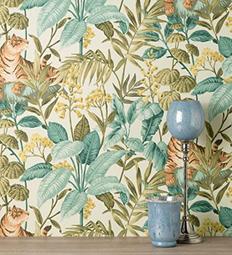 GAULAN 500681998 Vinyl Wallpaper, Durable, Washable, Tigers and Tropical Leaves in White with Relief Structure for Living Room, Kitchen, Bathroom, Pattern DIN A4