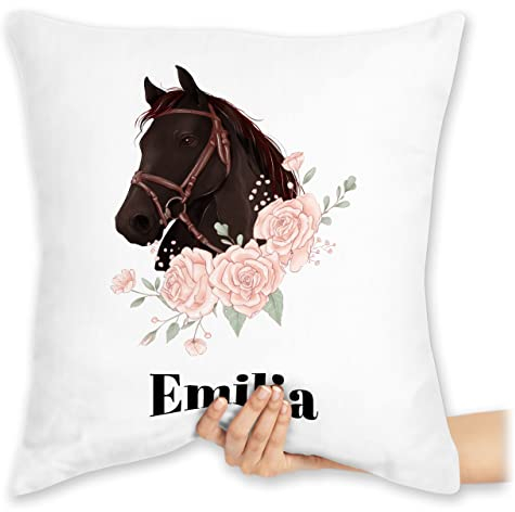 Kissen 40x40 Zierkissen - Pferd Pferde - Wunschname Pferdekopf - 40 x 40 cm - Weiß - pferdekissen name reiter und kopfkissen mädchen pferdeliebhaber pferdemotiv reiterzubehör reit pferdezubehör