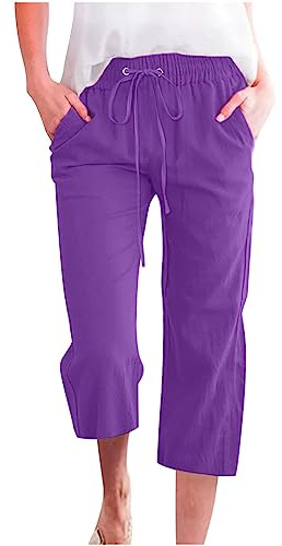 oglccg Womens Capris Trousers 3/4 Pants Cotton Linen Elastic High Waist Cropped Drawstring Summer Autumn Solid Color Pockets Loose Straight Wide Leg Outdoor Plus Size 8-89, #06 Purple
