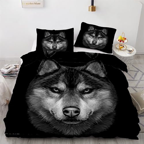 ROUSKI Bettwäsche Wolf 135x200 cm 4teilig 100% Leicht Mikrofaser Kinderbettwäsche Tier Wolf Bettbezug mit Reißverschluss 3D Motiv Zimmer Dekor Bettwäsche-Sets mit 2 Kissenbezüge 80x80