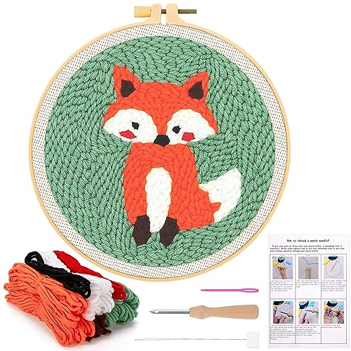 JSRQT Stanznadel Stickerei Starter Kit Punch Needle Debutant für Anfänger Punch Needle Embroidery Starter Kit Broderie Debutant mit Instruction Stanznadelstoff Muster Set für Kinder Erwachsene (Fuchs)