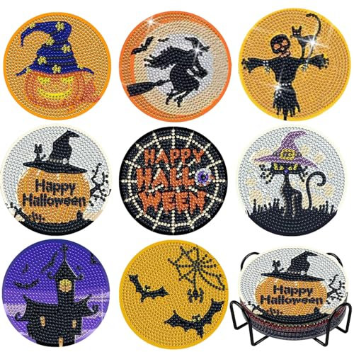 HDAKDDHG Diamond Painting Coasters, 8PCS Halloween Diamond Art Coasters with Holder, DIY Diamond Painting Coasters Kits for Beginners, Adults & Kids Art Craft Supplies, Funny Drink Coasters Gift