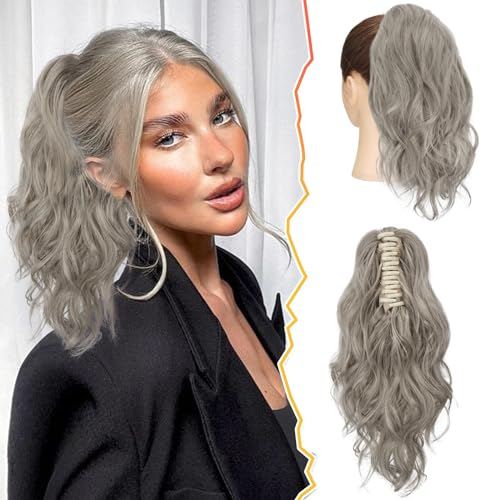 BARSDAR Klaue Clip Pferdeschwanz Extension, 35 CM Kurzes Gewellt Pferdeschwanz Haarverlängerung für Damen Grau Pferdeschwanz Dicker Synthetik Clip Haarteil für Mädchen Tägliche Party(Gray Mixed)