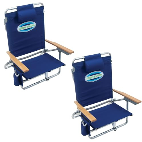 Tommy Bahama Klassischer Strandkorb mit 5 Positionen und Kühler und Getränkehalter, tragbarer Faltbarer Strandstuhl zum Bräunen, Marineblau, 2 Stück