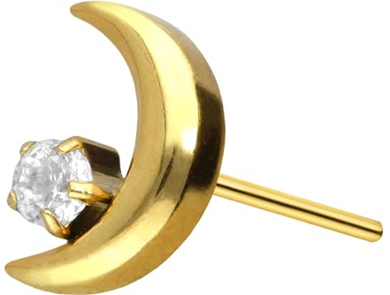 PIERCINGLINE Titan Aufsatz mit Push Pin MOND + KRISTALL OHNE Labret Stecker Piercing Ohr Tragus Helix Conch Goldfarben