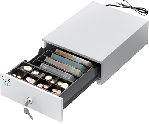 POS VALLEY MINI-Kassenschublade, kleine Geldschublade mit POS-Öffnung, RJ-Drucker und Registrierkasse, Geldkassette mit 4 Banknotenfächern und 8 Münzfächern, 24x32, Weiß