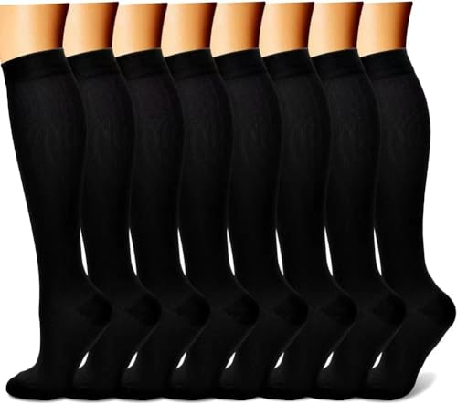 8 Paires Bas de Contention Femme et Homme Chaussettes de Compression 15-20 mmHg Chaussettes de Contention pour Sportive Voyage Avion Cyclisme Course Circulation randonnée