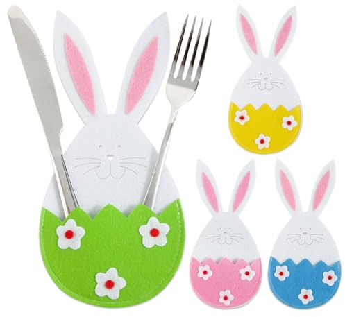 BOFUNX 4 Stücke Ostern Bestecktasche Filz Osterhase Besteckbeutel Besteckhalter Tischdeko Osterdeko Partydeko