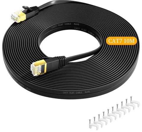 Nowunke Cable Ethernet 10 Metros, Cat 7 Cable de Red 10m RJ45 Alta Velocidad Gigabit 40Gbps 2000MHz, Plano Blindado Cable de Internet Negro Cable Lan para Switch, Rúter, Módem, PC