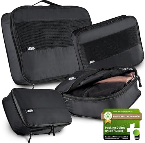 BACK&PACKER® Packing Cubes mit Kompression 4-teilig - Packtaschen Set aus recyceltem Material - Leichte Organizer für Rucksack & Koffer - inkl. Packwürfel für nasse Wäsche & Beutel (schwarz)