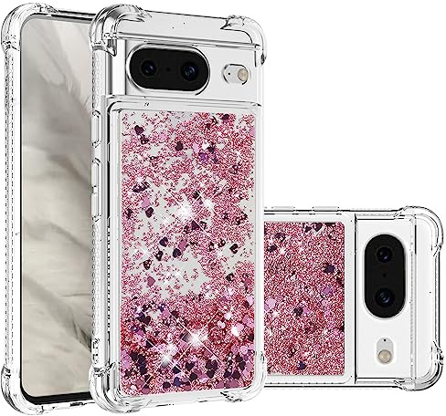 SIYOPINPFY Compatible With Google Pixel 8 Case, Shock-Absorption Bumper Cover Anti-Scratch Protection Moving Liquid Glitter Sparkle Silicone Soft TPU Case Compatible With Google Pixel 8 Love Rose YB