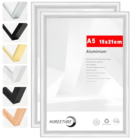 HIMEETIME® 2x Bilderrahmen DIN A5 14,8x21 cm Silber Metall Rahmen,Dokumentenrahmen 14,8x21 cm,Metallrahmen Alu-Bilderrahmen Poster Aluminium,Picture Frame A5 Fotorahmen