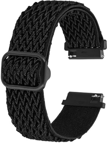 BISONSTRAP Dehnbares Nylon Uhrenarmband, Verstellbare Schnalle Schlaufenbänder, Schnellverschluss, Elastisches Geflochtenes Nylonarmband 20mm, Schwarz