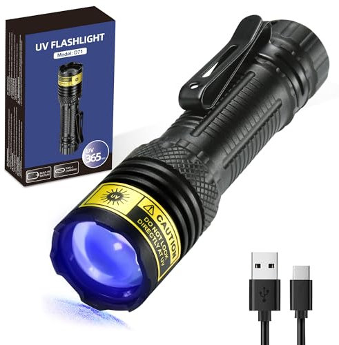 DARKDAWN UV Taschenlampe 365nm Schwarzlicht, Mini leistungsstarke USB-C Taschenlampen LED wiederaufladbare Holz Lampe, tragbare einstellbare Fokus Schwarzlicht Taschenlampen für Uranglas, Geld