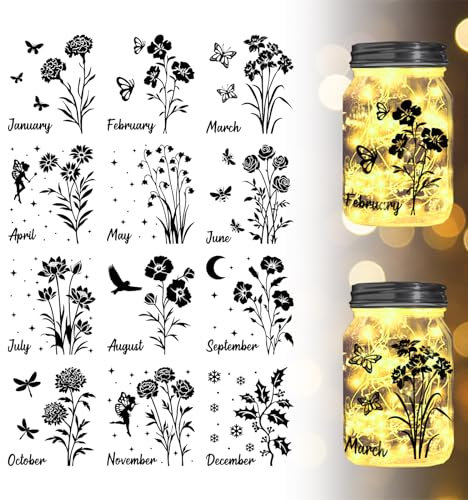 GLOBLELAND 12Pcs Month Silhouette Jar Cutouts Butterfly Fairy Dragonfly Flowers Plastic Silhouette Wall Decals (Not Stickers) Lantern Jar Cutouts Window Lamp Decals Glass Decorations Art Mural Home