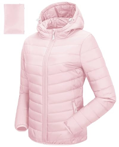 33,000ft Damen Leichte Steppjacke Packbare Übergangsjacke mit Taschen für Frauen Gefüttert Warme Pufferjacke mit Kapuze für Outdoor Freizeit Wandern Hellrosa M
