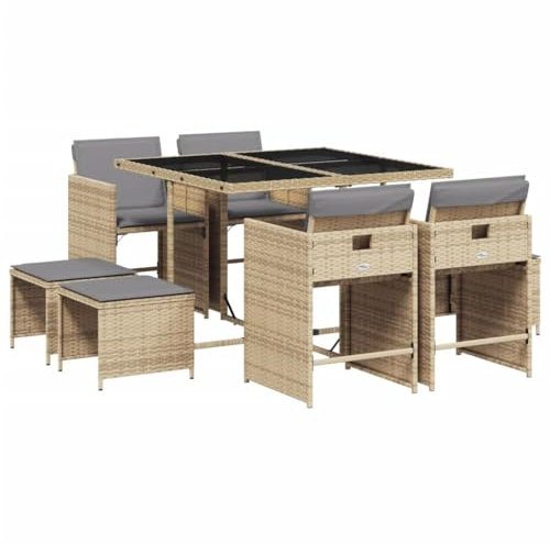 vidaXL 9-TLG. Garten-Essgruppe mit Kissen Beigemischung Poly Rattan
