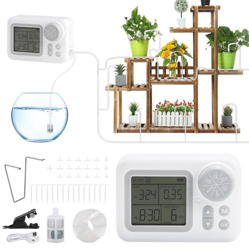 SWAWIS Riego por Goteo Automático Kit, DIY Sistema de Riego Automático de Interior con 15 Goteros y Cortatubos para Vacaciones Jardín Balcón, Manguera de 10m
