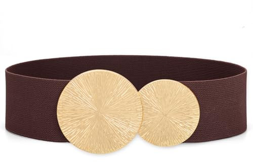 Waist Wow Damen Breiter Gürtel für Kleid Elastischer Taillengürtel Schwarz Mode Hüftgürtel für Damen mit Goldene Schnalle, Kaffeefarbe, L