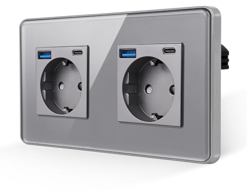 JIMEIDA Doppelsteckdose Grau Unterputz Glas Platte 16Amp Schuko Steckdosen mit USB-A und Typ-C Port 2.1A Ssteckdose 157 * 86mm,250V