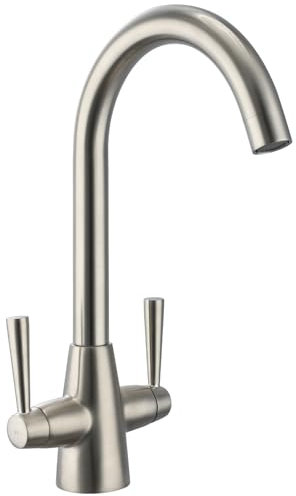 Sistaby Brushed Steel Kitchen Tap Monobloc Kitchen Sink Mixer Taps 1 Hole Dual Lever Kitchen Mixer Tap Brushed Nickel Stainless Steel Mixer Tap for Kitchen Sink Classic Bar Taps 360° Swivel
