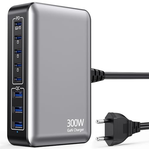 Chargeur USB-C multiport 300 W, Chargeur GaN 8 Ports, Station de Charge avec 5 Type-C + 3 USB-A, Adaptateur Secteur PD 100 W, Compatible avec iPhone/Galaxy/Pixel/MacBook Pro/Air/Dell