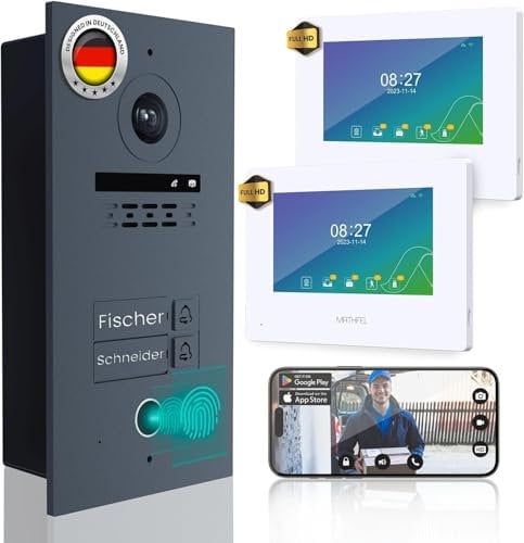 MATHFEL 2 Draht Video Fingerprint Türsprechanlage 2-Familienhaus Full HD 1080p mit 2 Jahren Garantie - 2-Draht-Bus-Installation - 170° Kamera, 2X 7-Zoll WLAN-Monitor, IP65 Wetterfest, Türöffner