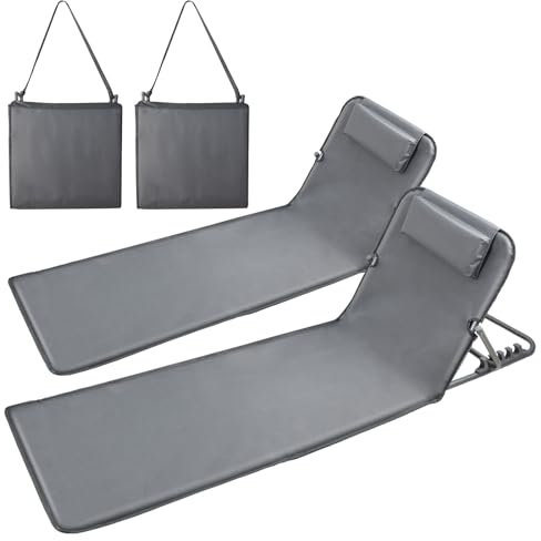 BLIENKREBY Lot de 2 Bain de Soleil, Chaise Longue, Tapis de Plage, Transat de Plage, avec Appui-tête - Bandoulières - Dossier Réglable 5 Positions, pour Camping, Jardin, Piscine, 160 x 52 cm, Gris